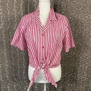Vintage Lee Shirt Womens Large Pink White Striped Tie Front‎ Cropped 90s Grunge